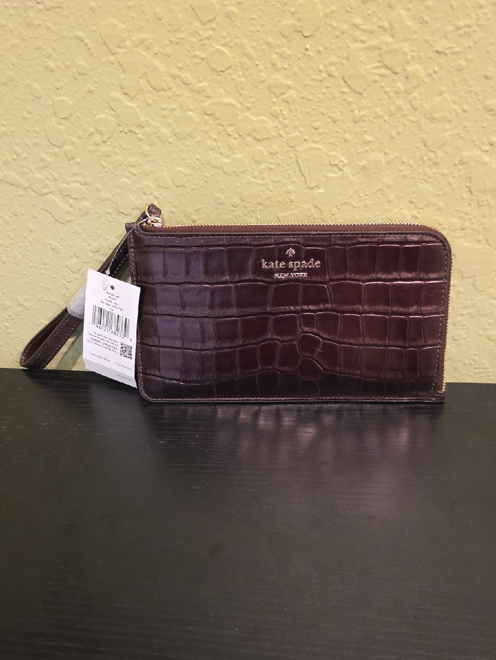 Kate Spade Croc-Embossed Wristlet Clutch in Deep Brown